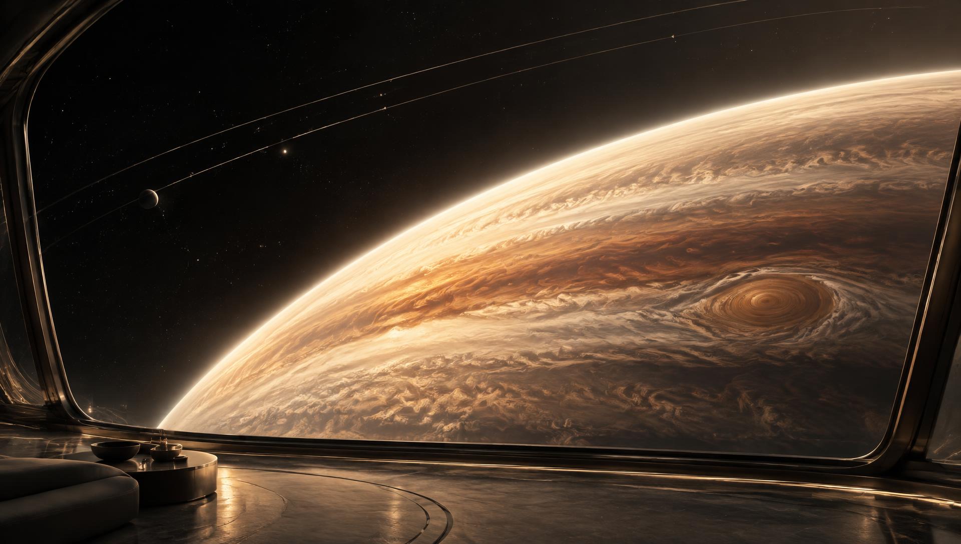 Original fictional orbital sanctuary overlooking a warm banded gas giant